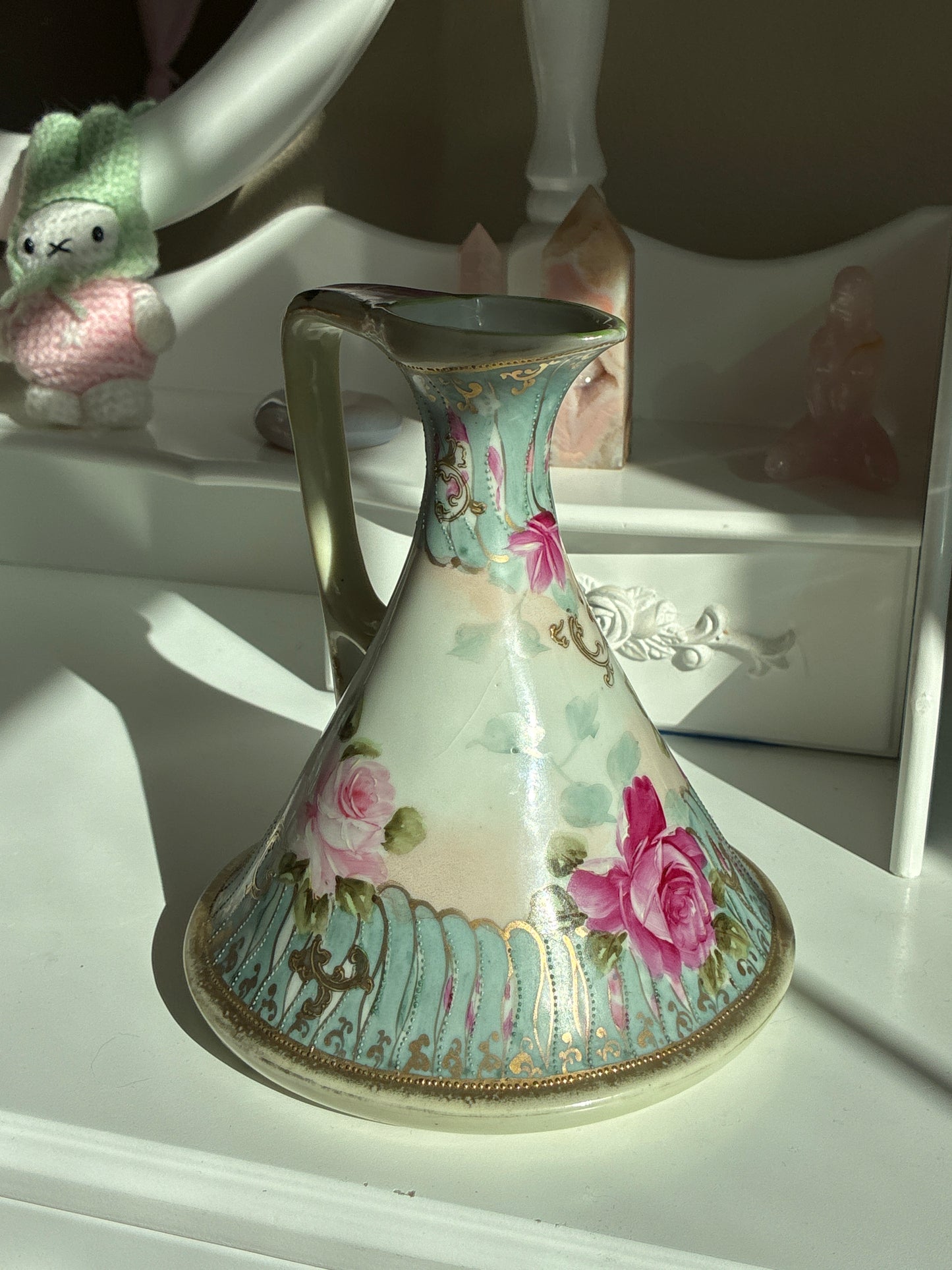 Pitcher with Pink Rose and Gold Embellishments