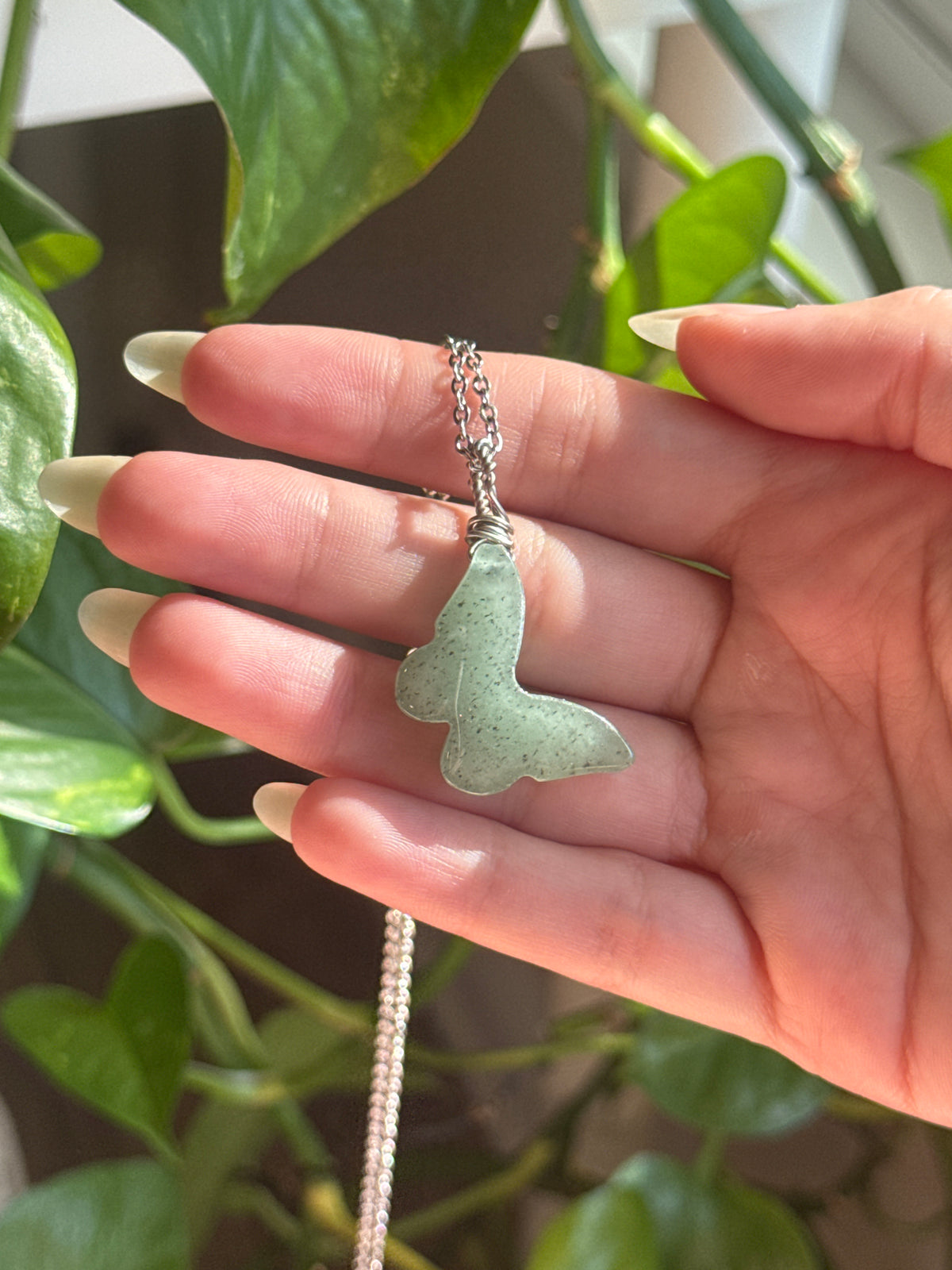 Green Aventurine Silver Wire Wrapped Butterfly Necklace