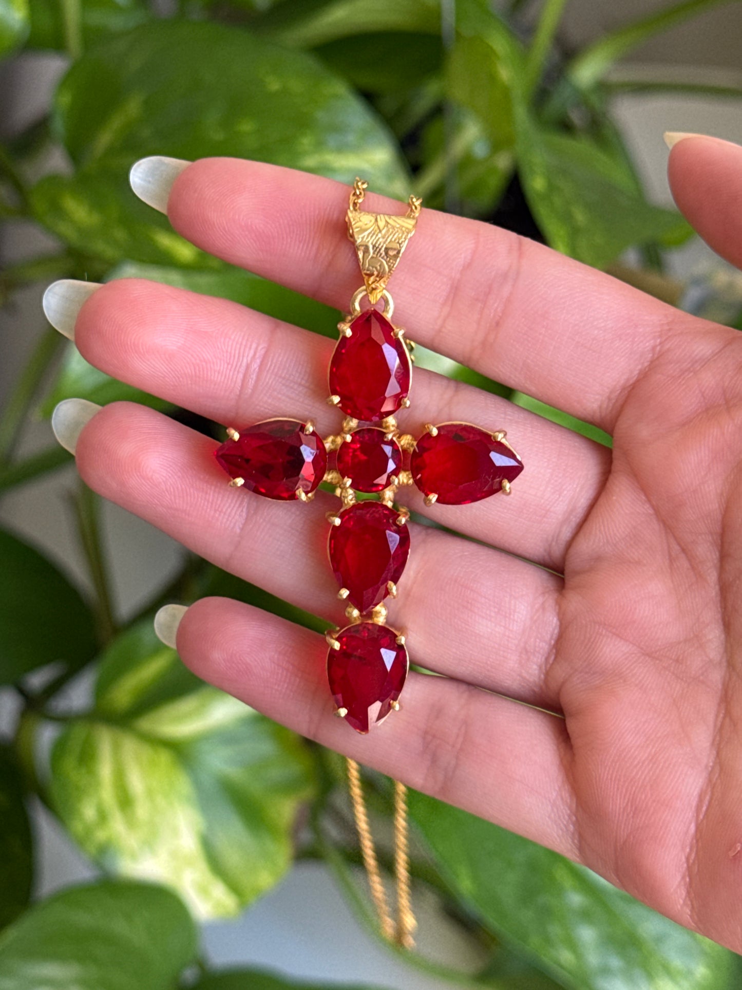 Red (Dyed) Quartz Cross 925 Gold Vermeil Necklace