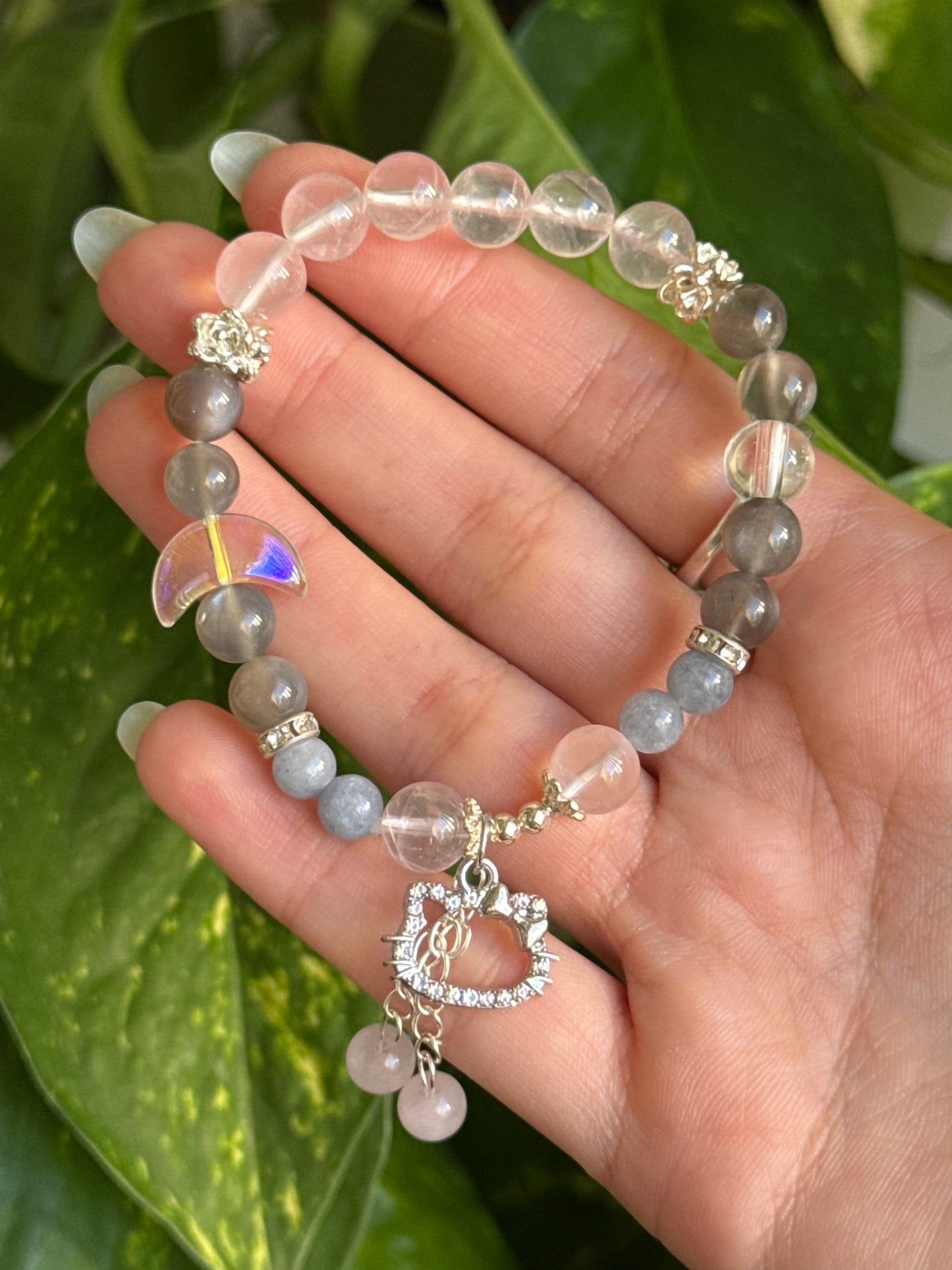 Clear Quartz & Grey Moonstone & Angelite Hello Kitty Bracelet