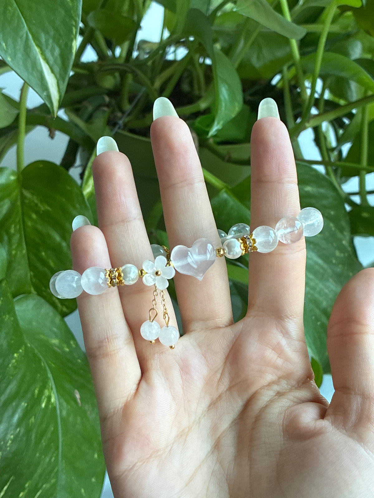 Clear Quartz Heart and Rose Bracelet