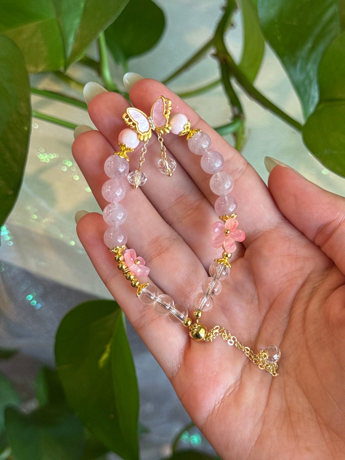 Rose Quartz & Clear Quartz & Pink Queen Conch Shell Butterfly Bracelet