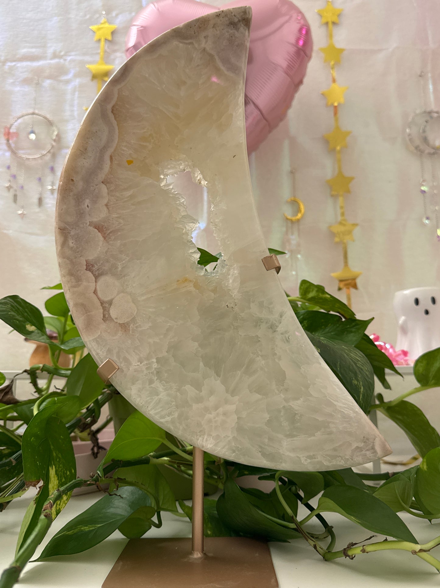 Druzy Flower Agate & Pink Amethyst & Clear Quartz XL Collectors Moon 15” tall