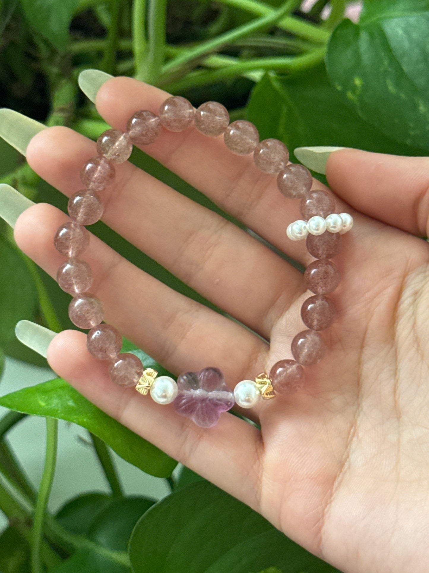 Strawberry Quartz & Fluorite Flower Bracelet