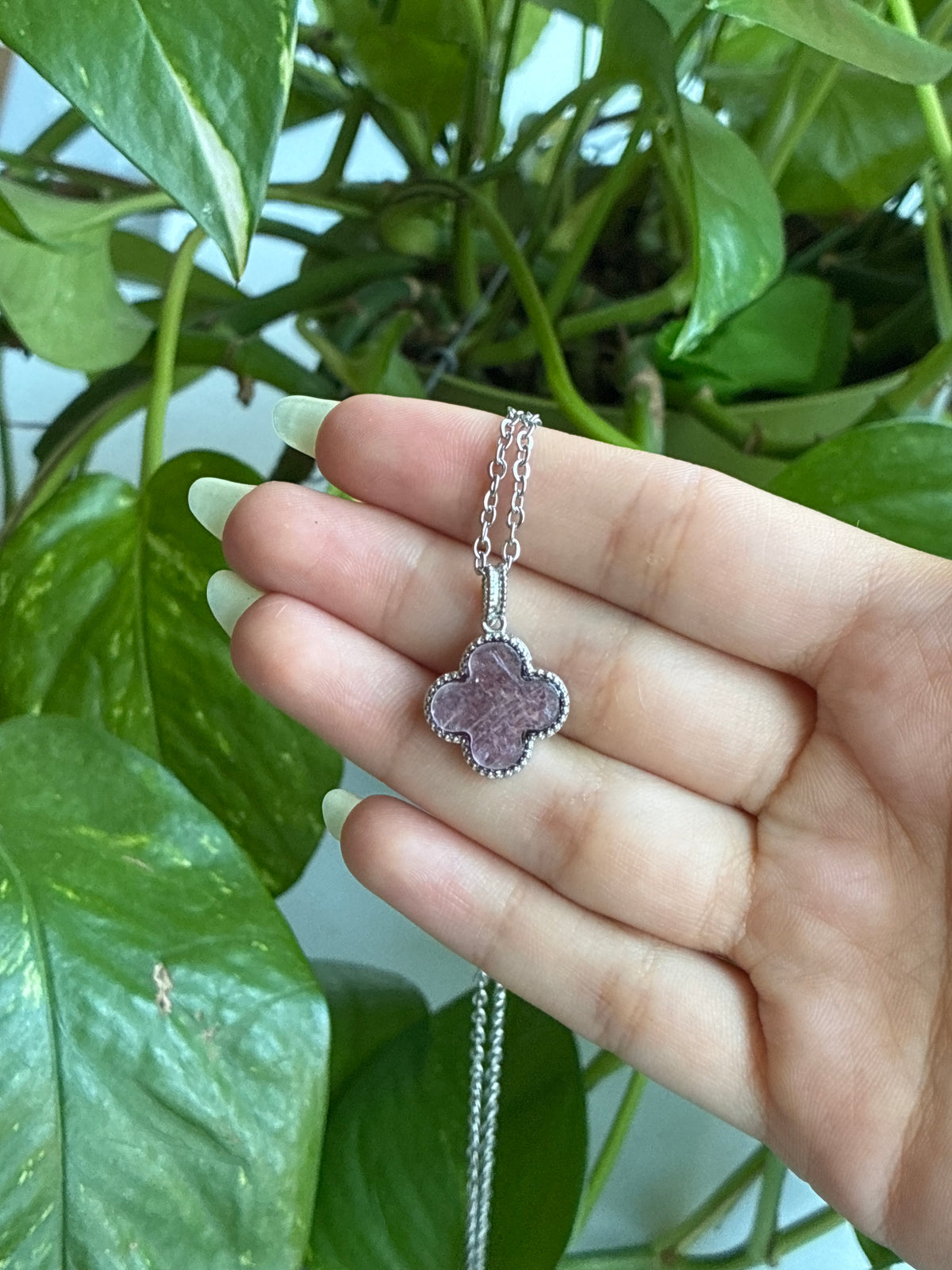 Purple Mica Four Leaf Clover Necklace