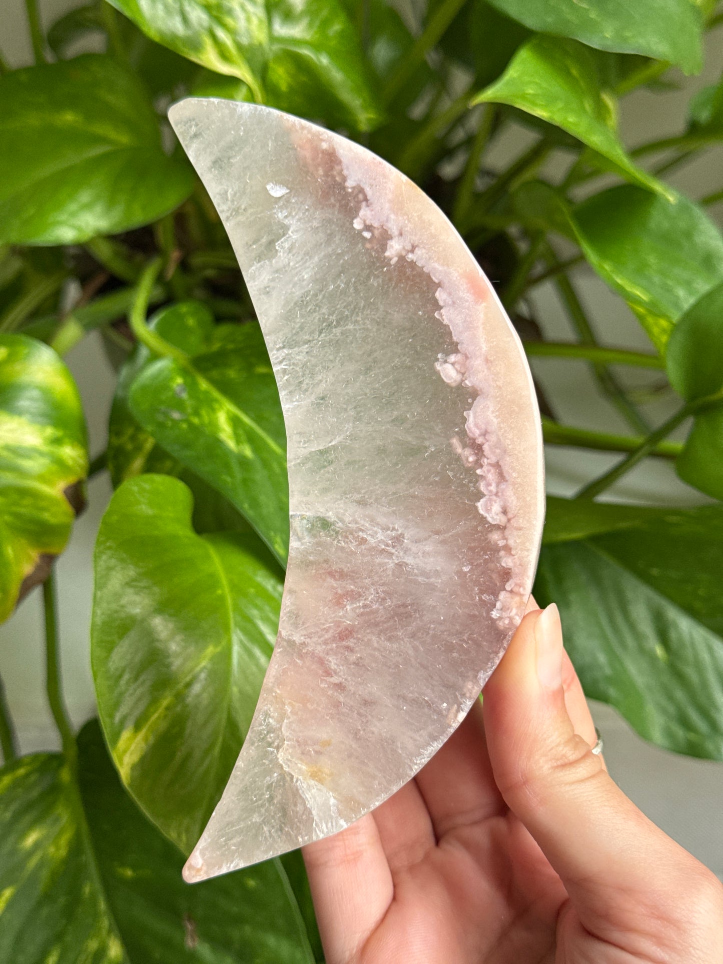 Flower Agate & Quartz Crescent Moon