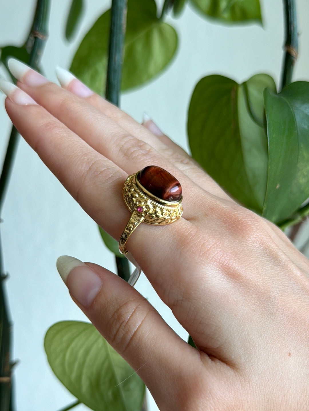 Red Tigers Eye Gold Adjustable Ring