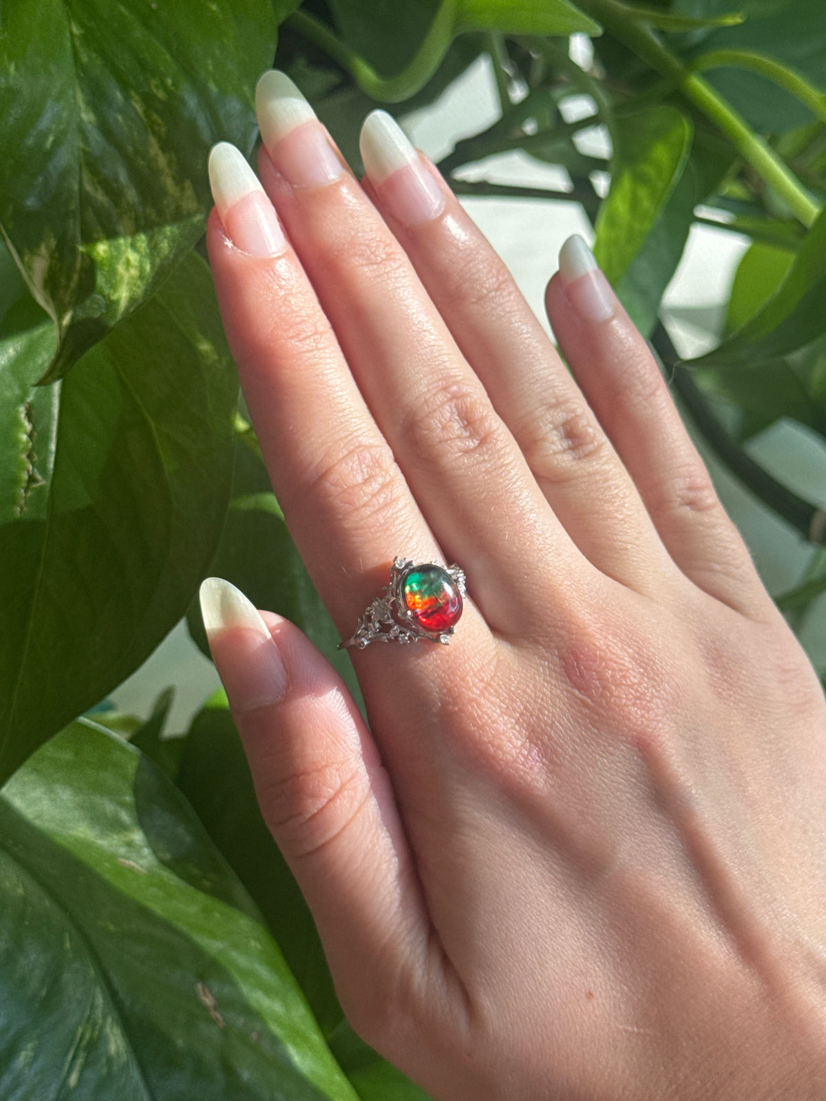 Flashy Ammonite with Clear Quartz Overlay 925 Sterling Silver Adjustable Ring