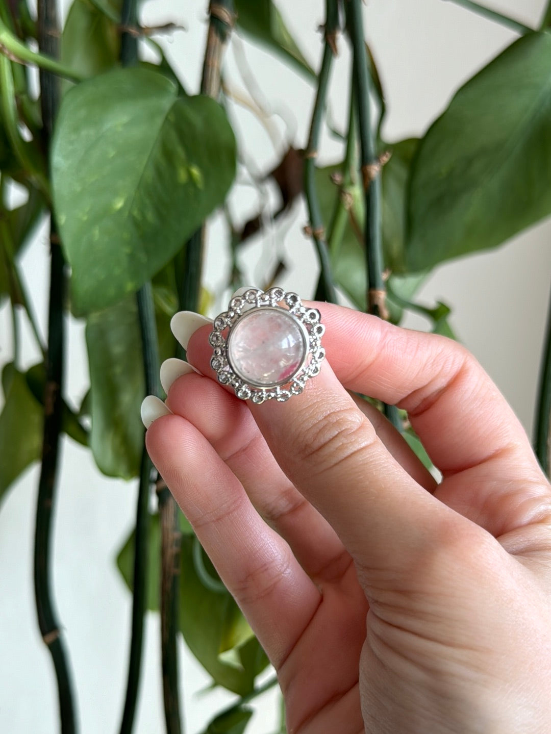 925 Silver Clear Quartz & Rhodonite Adjustable Ring