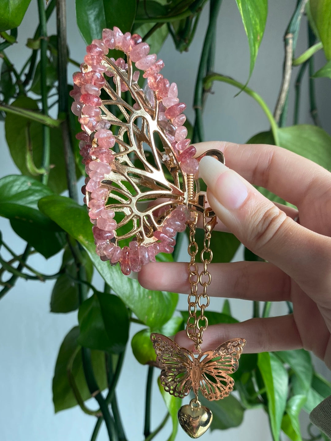 Gold Strawberry Quartz Butterfly Hairclip