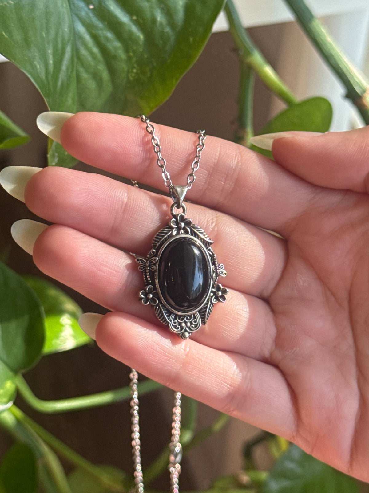 Vintage Styled Obsidian Silver Necklace