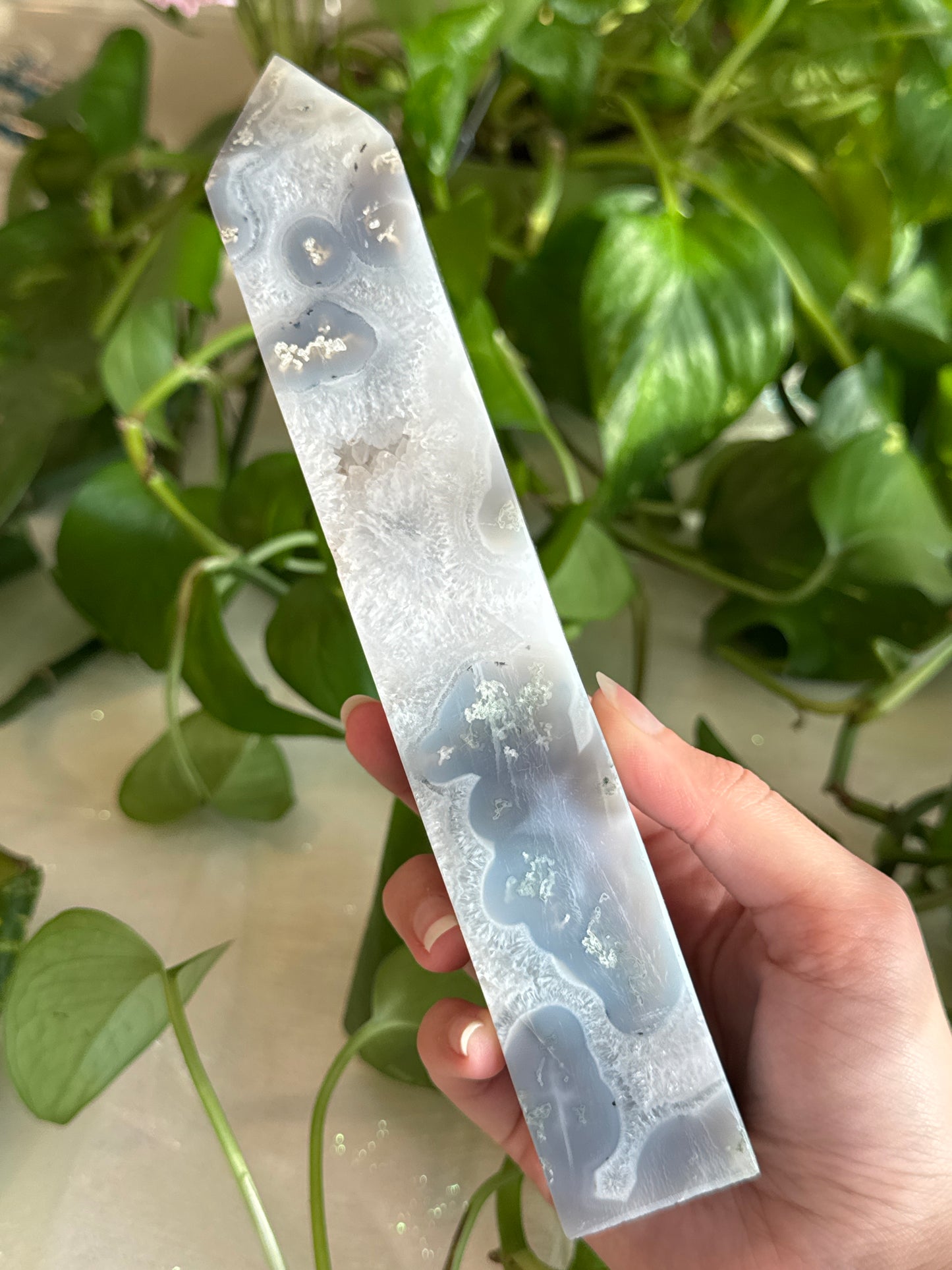 Moss Agate & Blue Chalcedony & Quartz Dreamy Druzy Tower