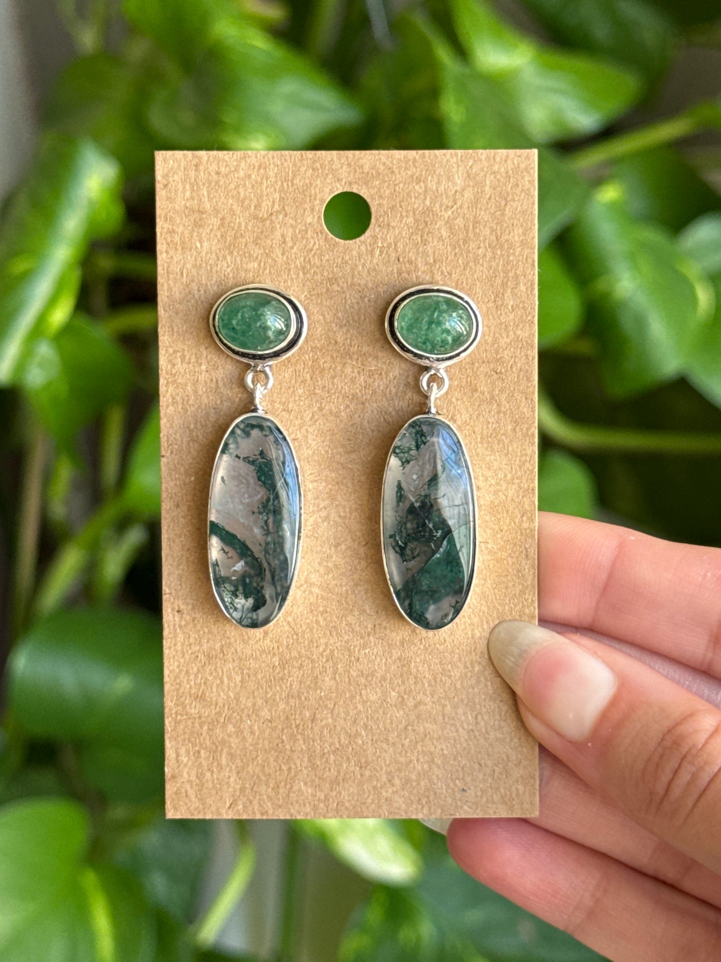 Moss Agate & Green Strawberry Quartz 925 Sterling Silver Earrings