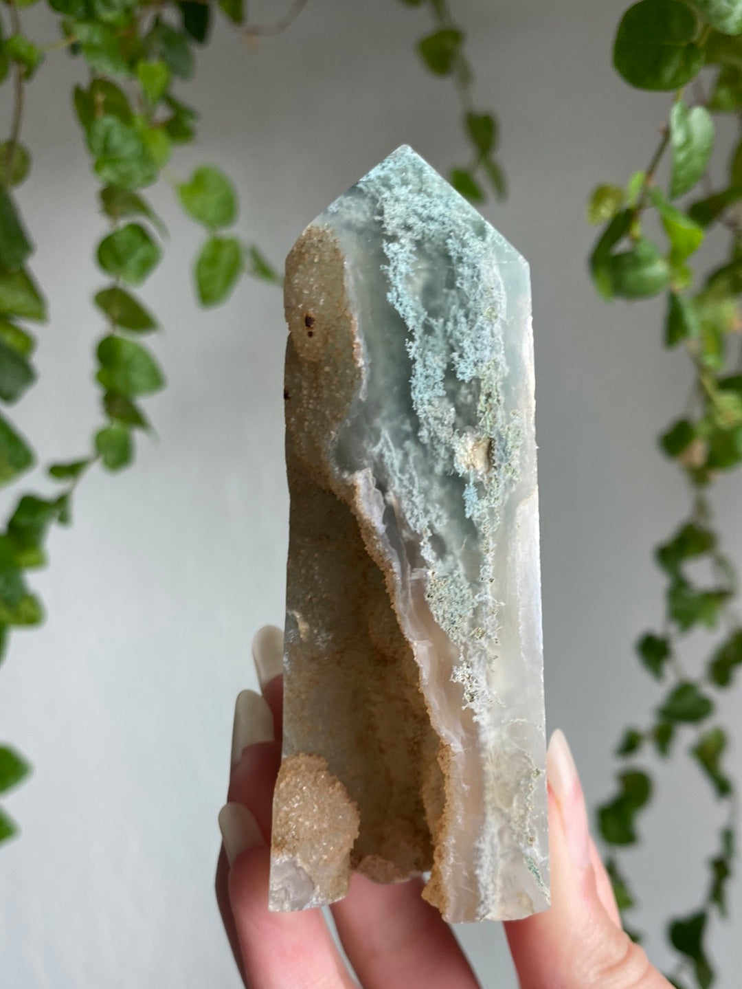 Druzy Cave Moss Agate Tower