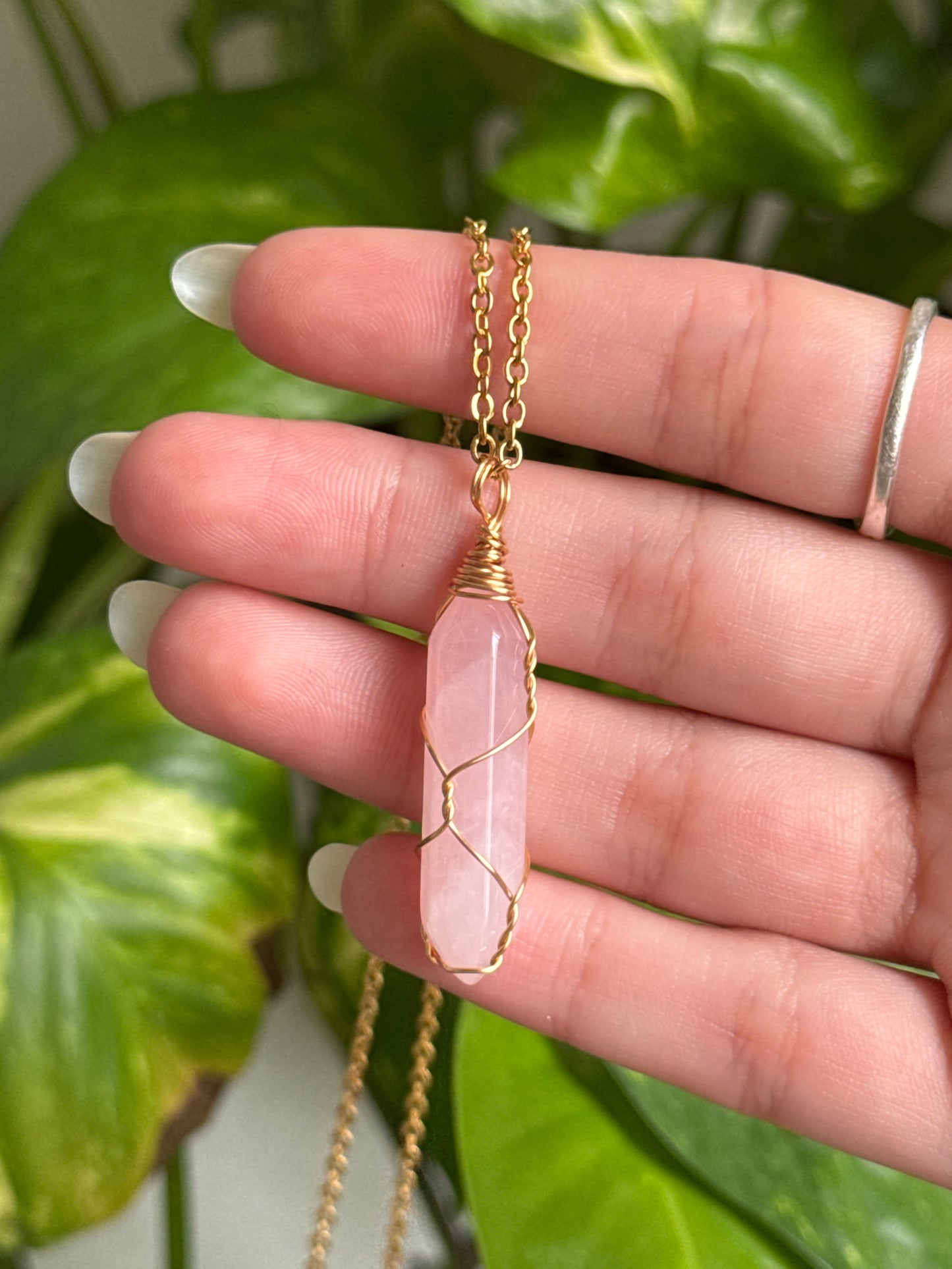 Rose Quartz Gold Wire Wrap Necklace