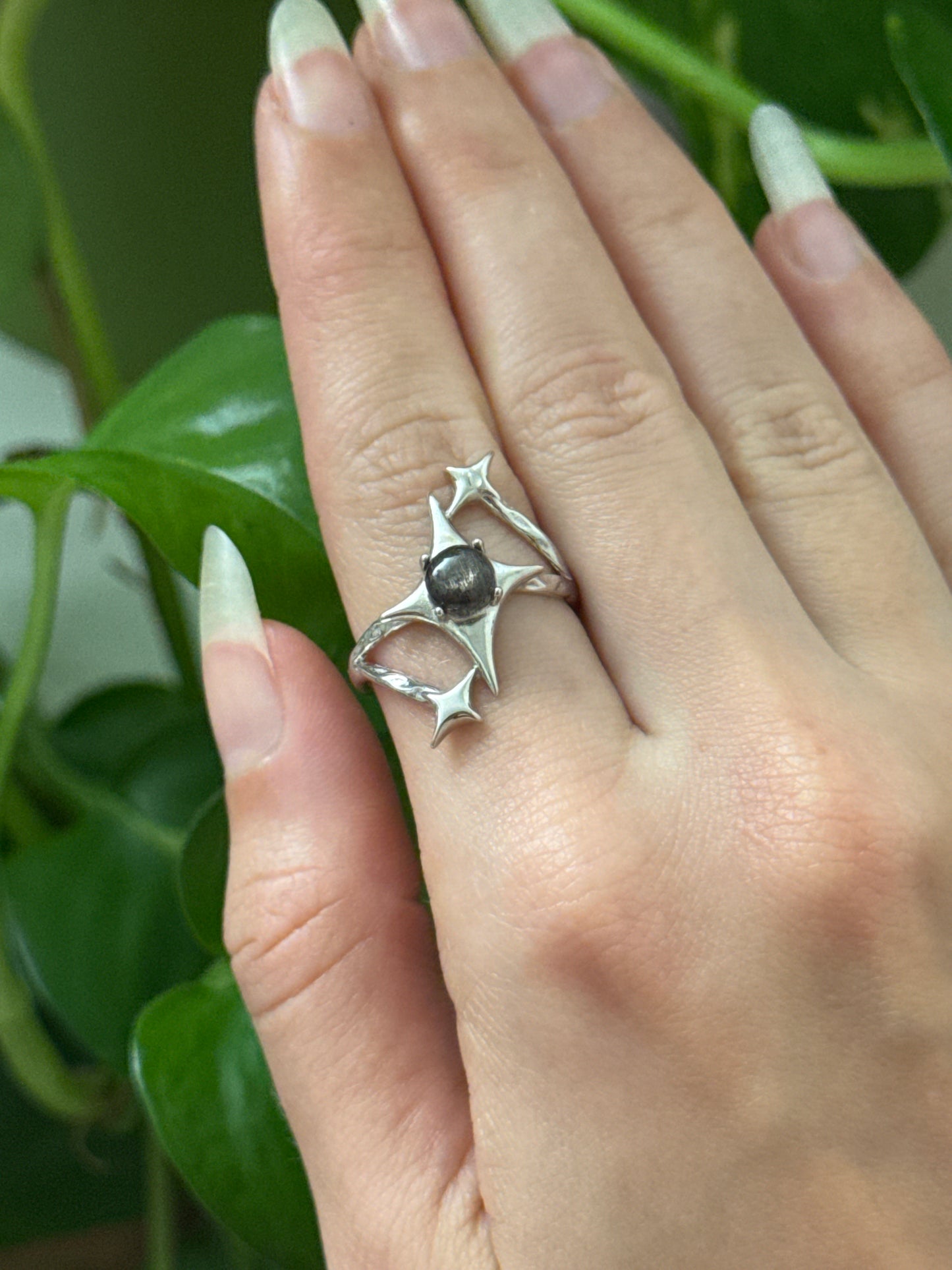 Flashy Grey Moonstone/Sunstone Sparkle 925 Silver Adjustable Ring