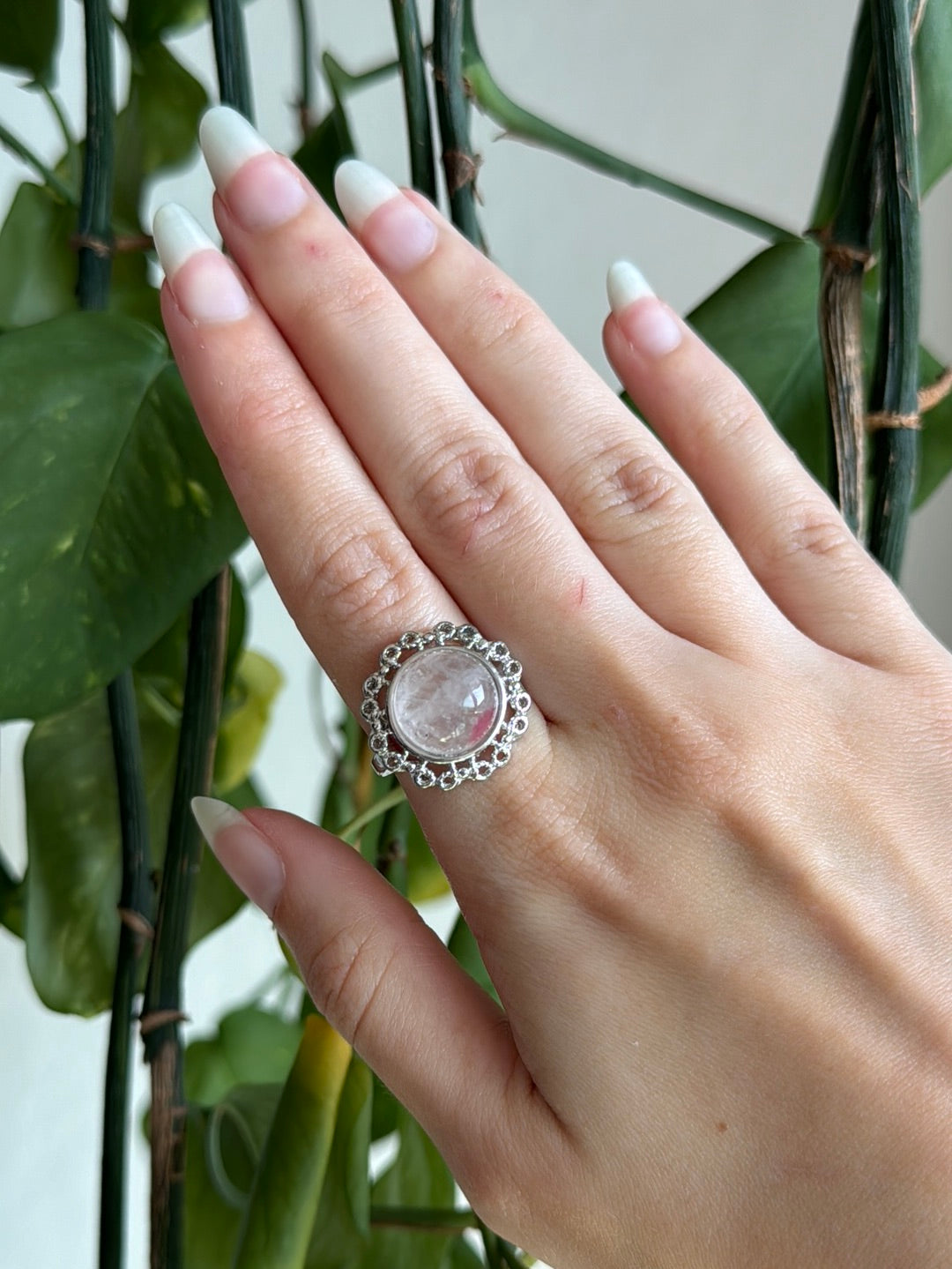 925 Silver Clear Quartz & Rhodonite Adjustable Ring