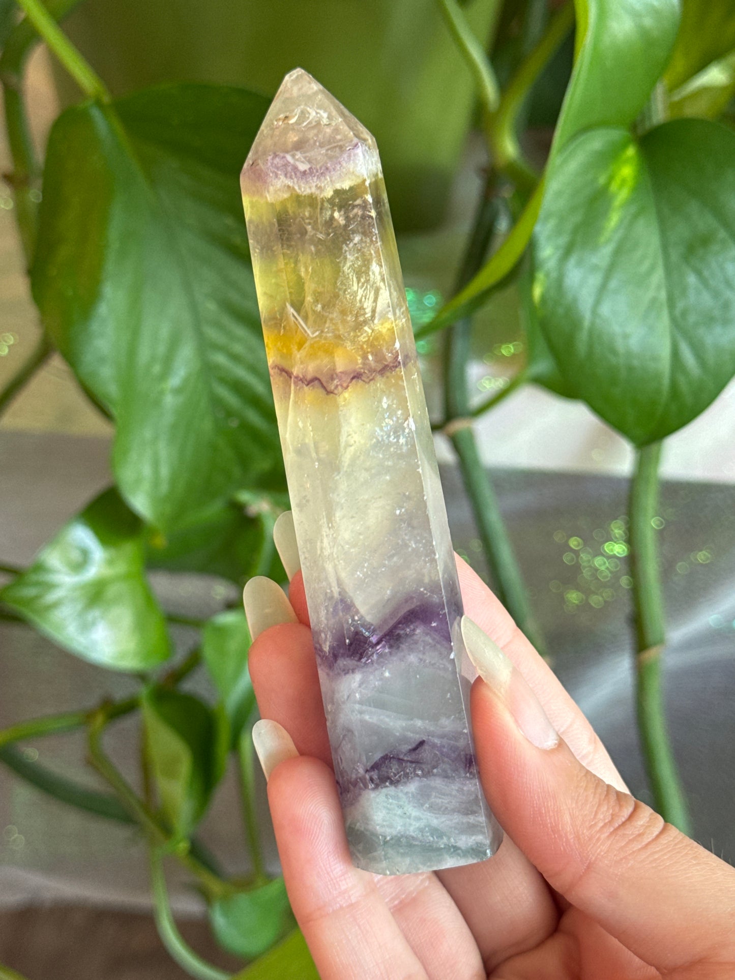 Unique Yellow, Clear, Magenta, and Blue Fluorite Tower with Rainbows
