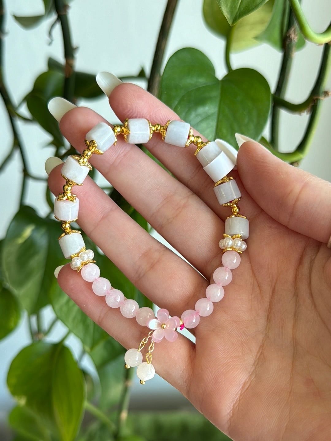 Rose Quartz & Light Jade Sakura Gold Bracelet