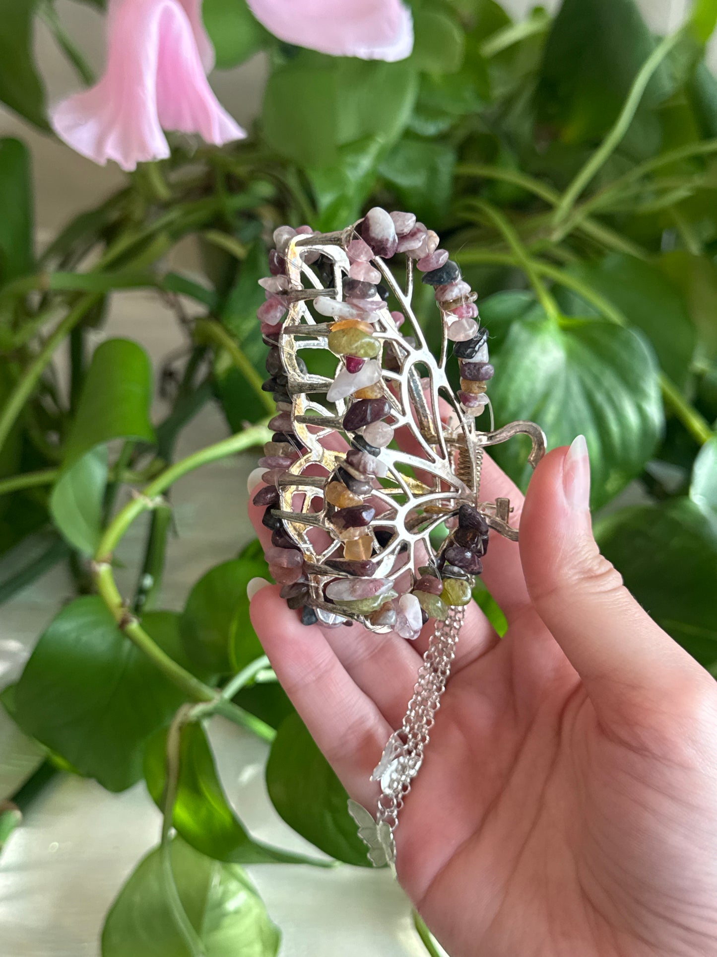 Pink & Green Tourmaline Silver Butterfly Hair Claw Clip