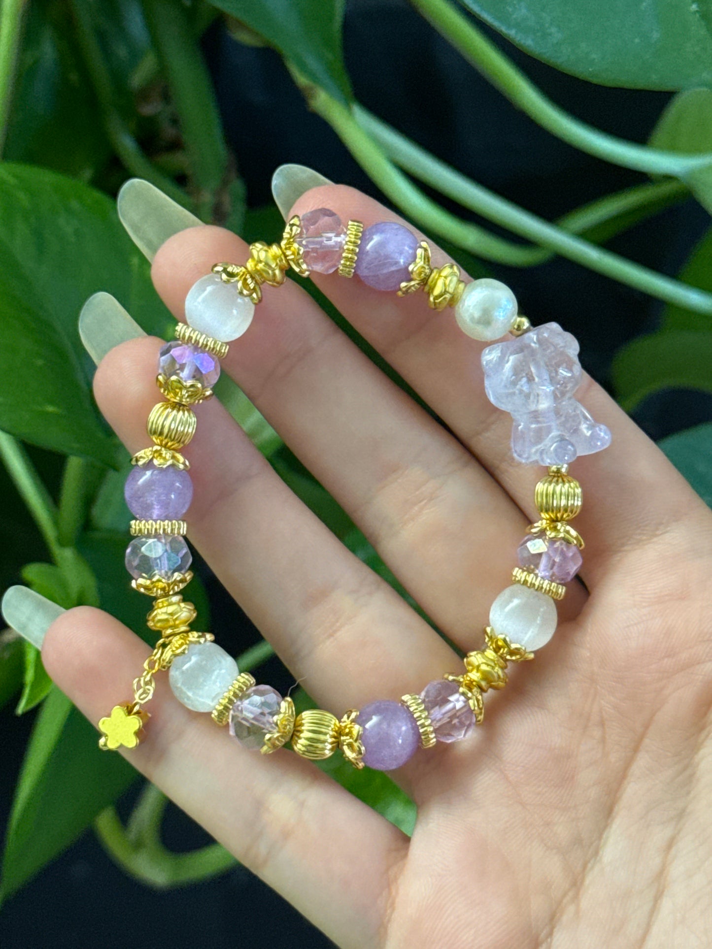 Lavender Amethyst & Selenite & Fluorite Hello Kitty Bracelet