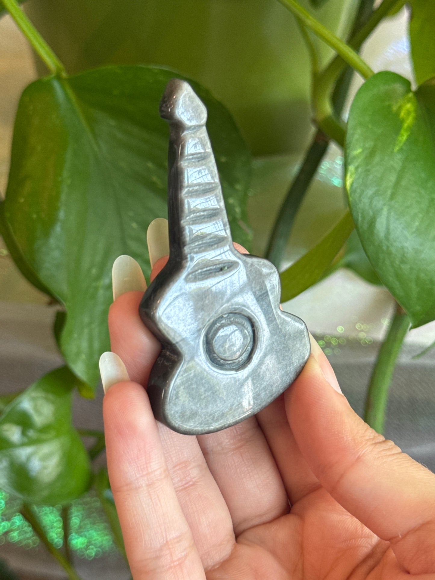 Silver Sheen Obsidian Guitar Carving