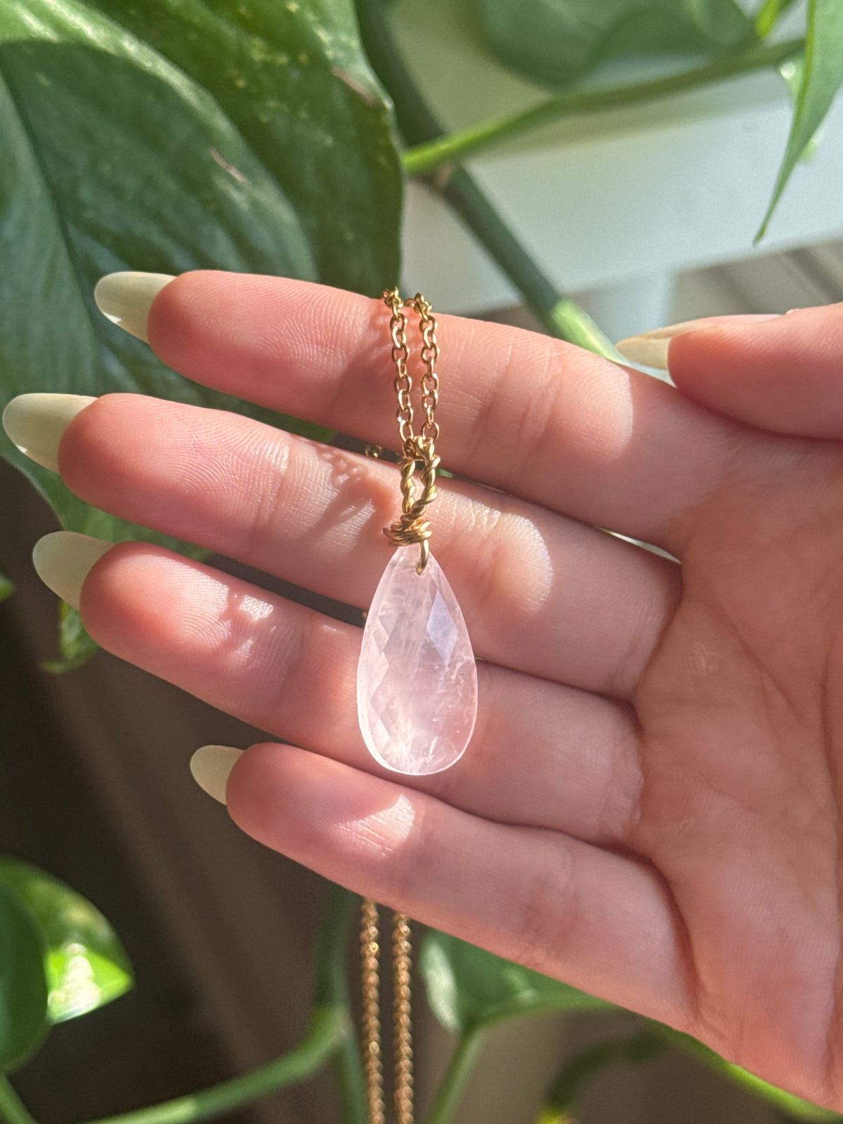 Gemmy Rose Quartz Wire Wrapped Faceted Tear Drop Gold Necklace