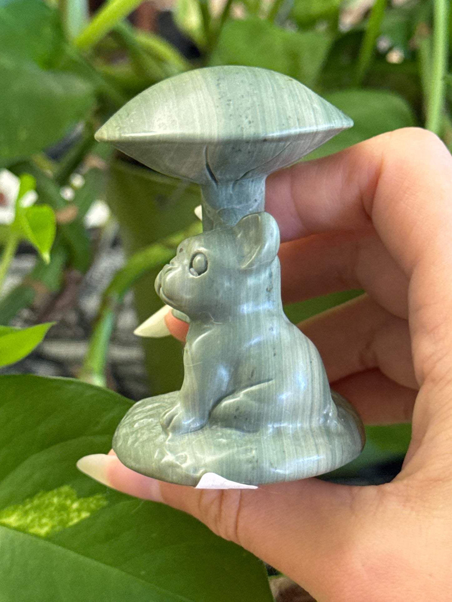 Green Jasper Pug Mushroom Carving