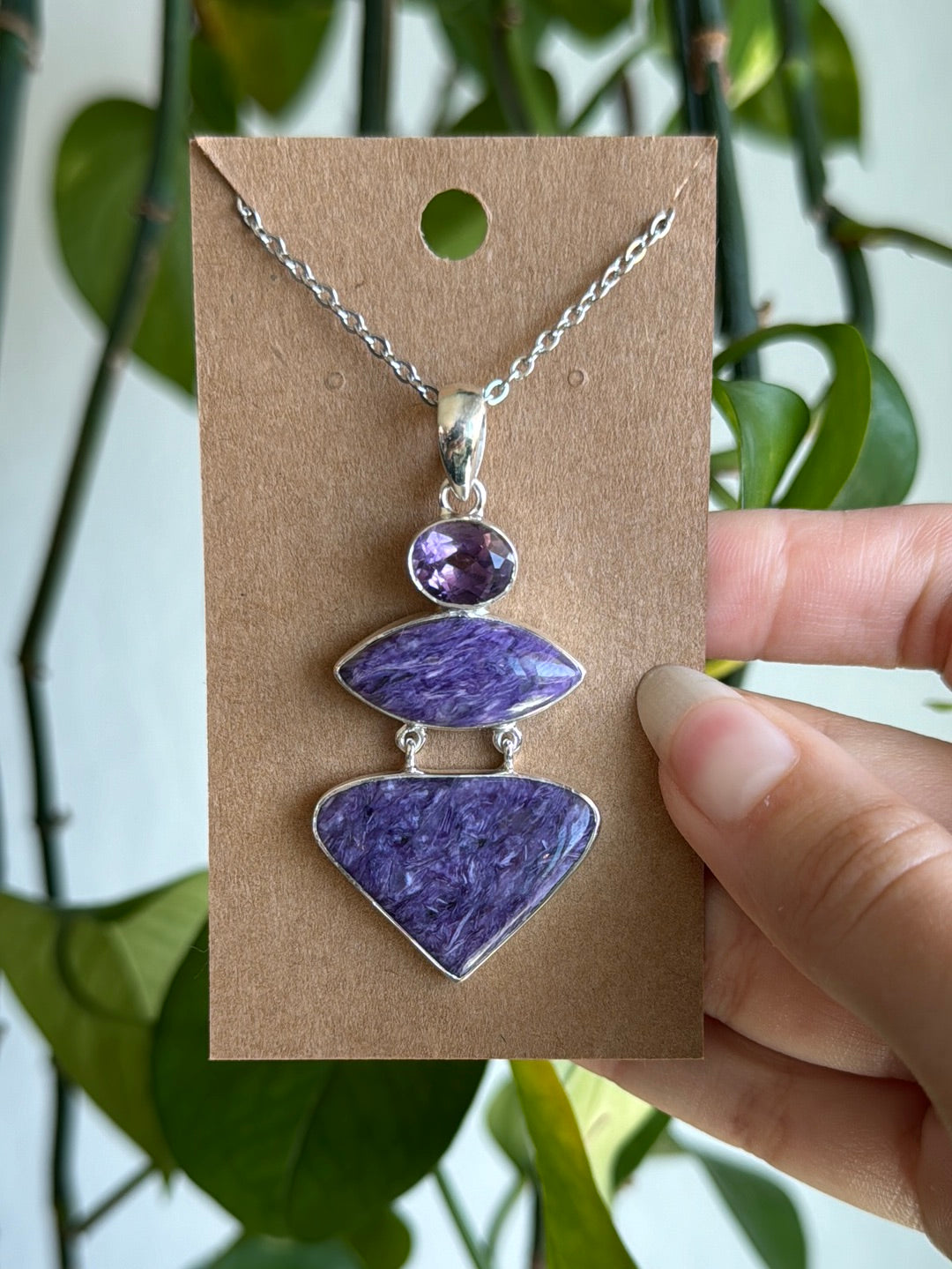 Charoite & Amethyst Collectors Statement 925 Sterling Silver Necklace