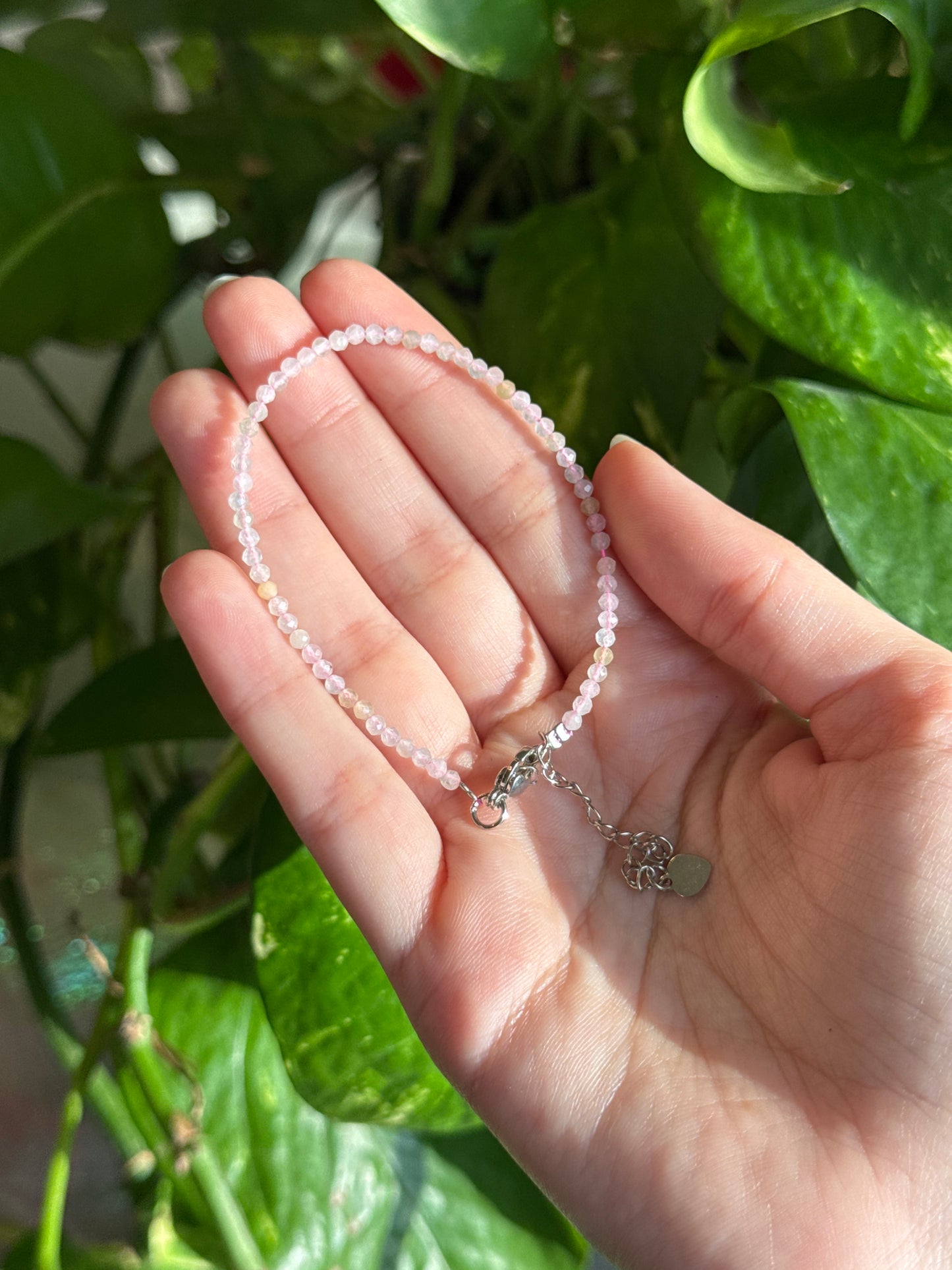 Morganite Beaded Dainty Silver Adjustable Bracelet