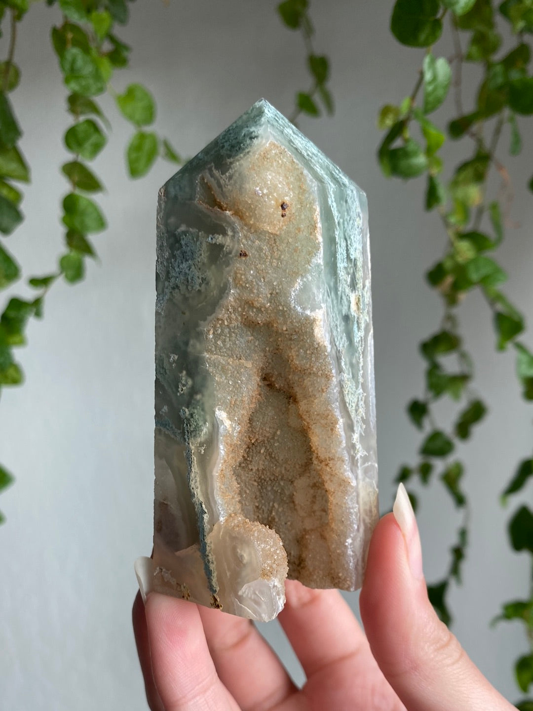 Druzy Cave Moss Agate Tower