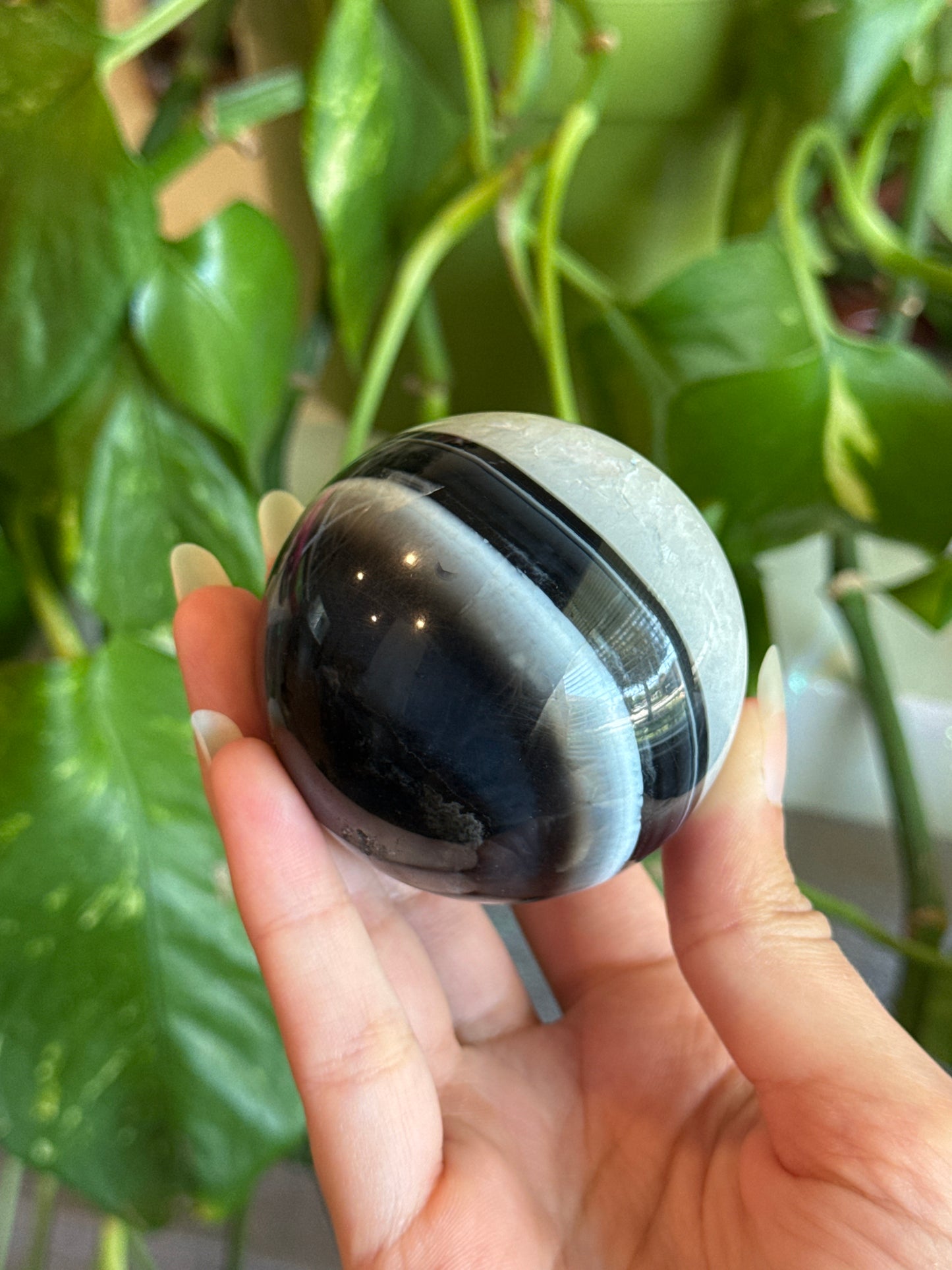 Moody Banded Black Agate & Quartz Sphere C