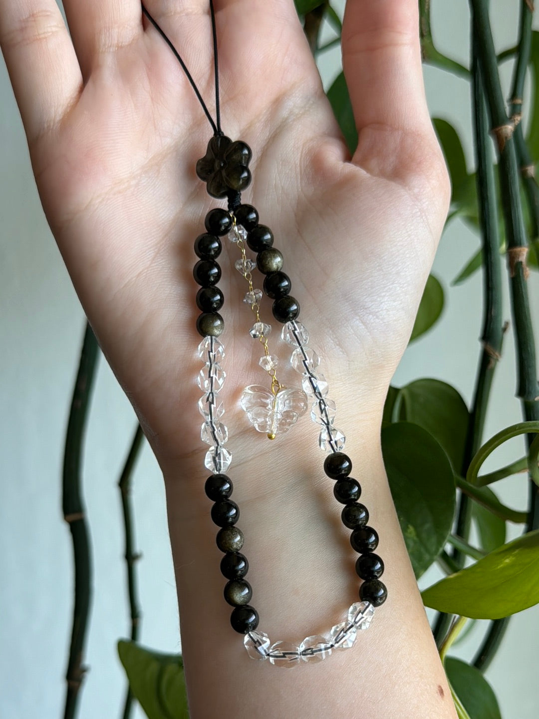Gold Sheen Obsidian & Clear Quartz Flower Hanging Charm