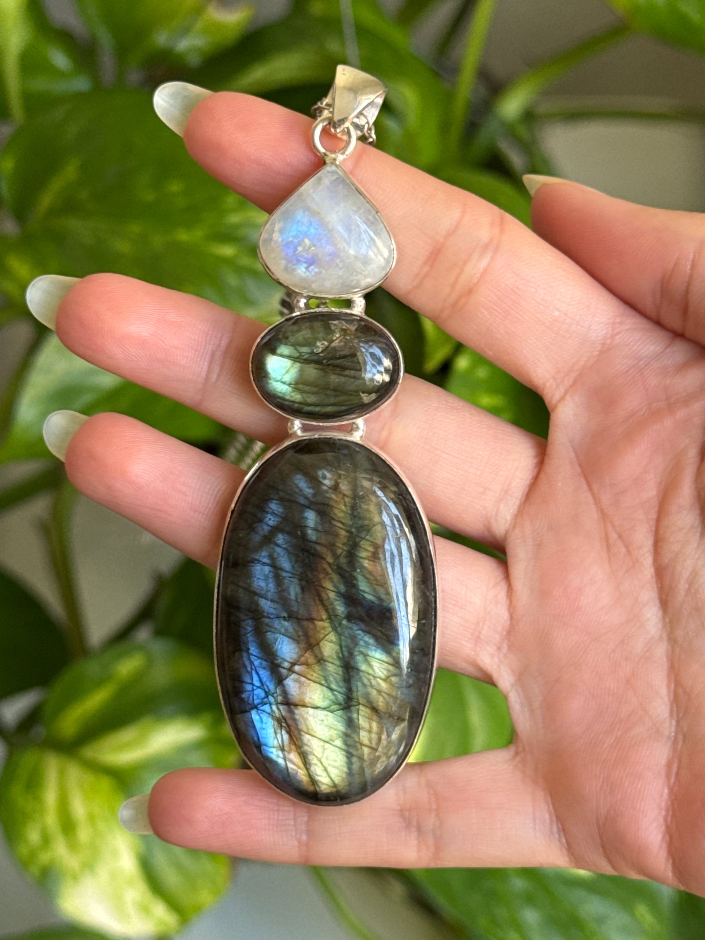 Labradorite & Moonstone Statement 925 Sterling Silver Necklace