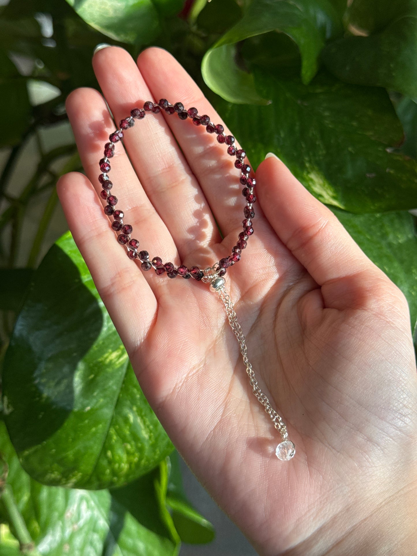 Garnet Beaded Dainty Silver Adjustable Bracelet