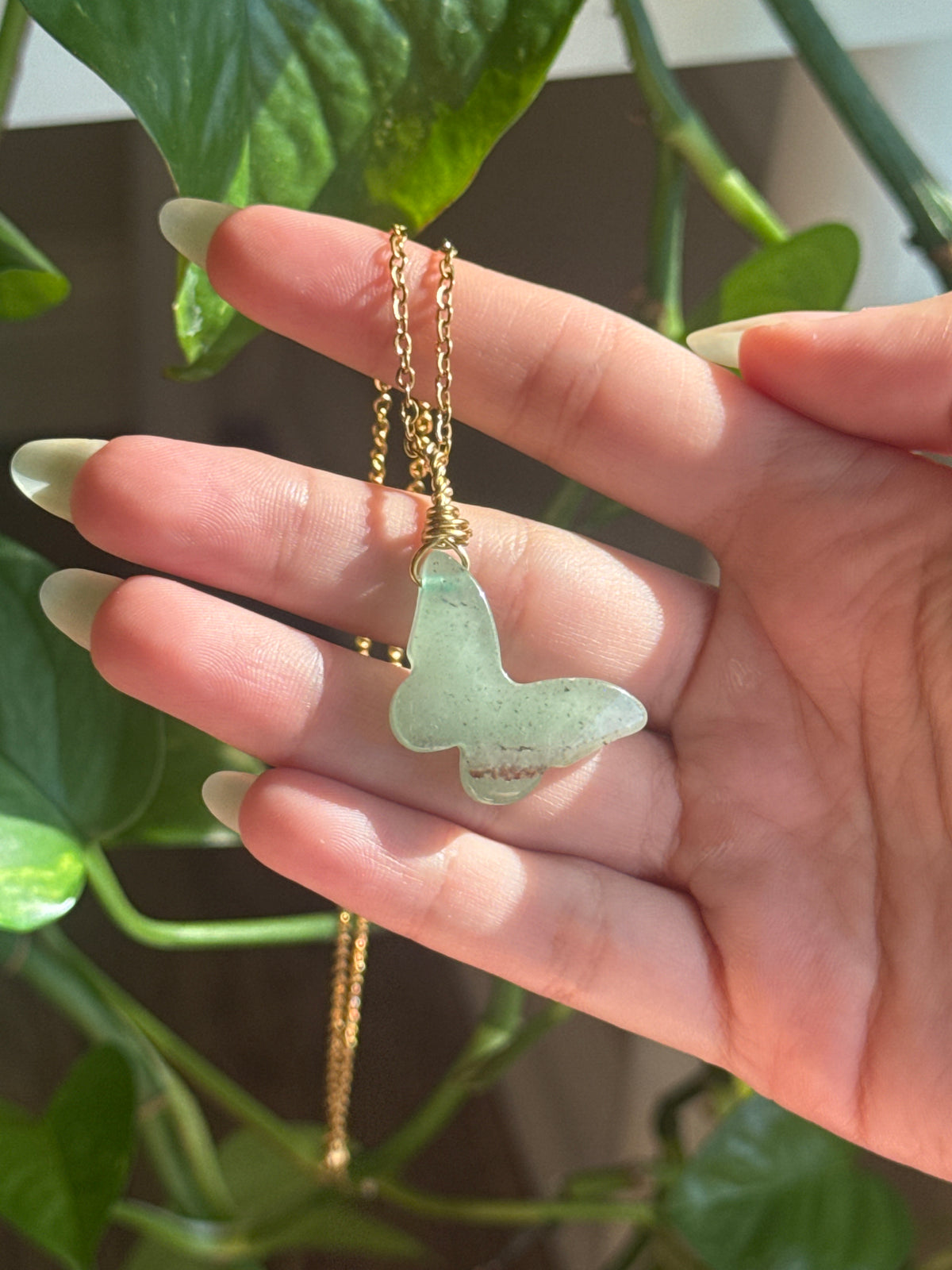 Green Aventurine Gold Wire Wrapped Butterfly Necklace