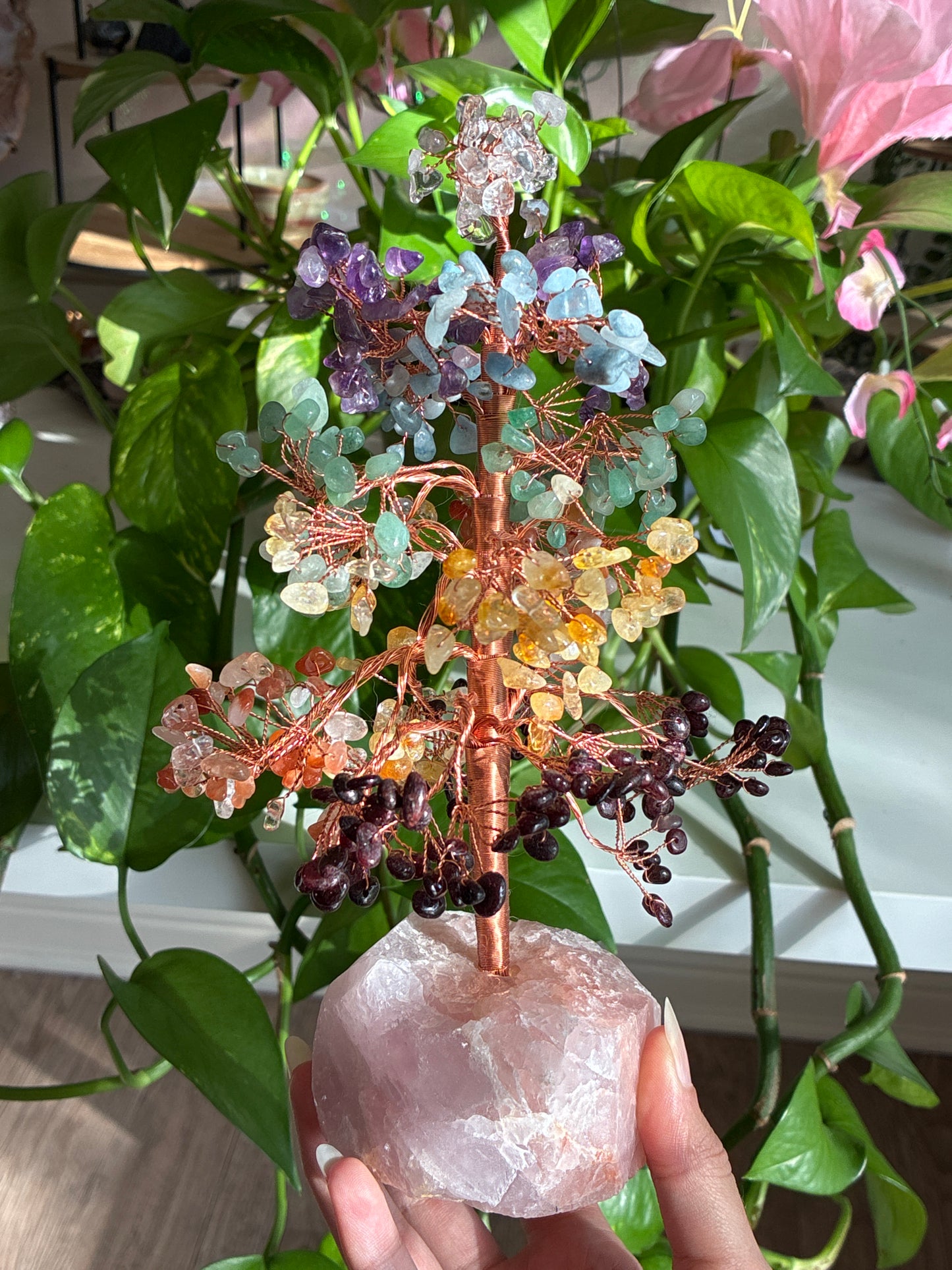 Money Tree Hand Copper Wrapped on Raw Rose Quartz