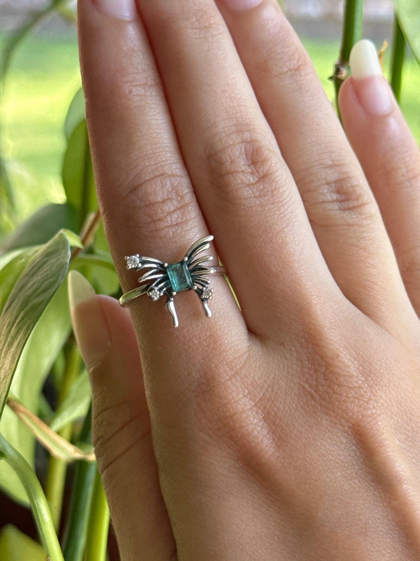Emerald Butterfly 925 Silver Adjustable Ring
