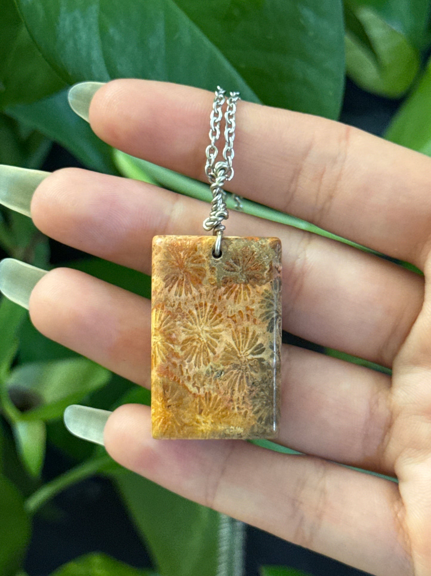 Fossilized Coral Rectangle Necklace