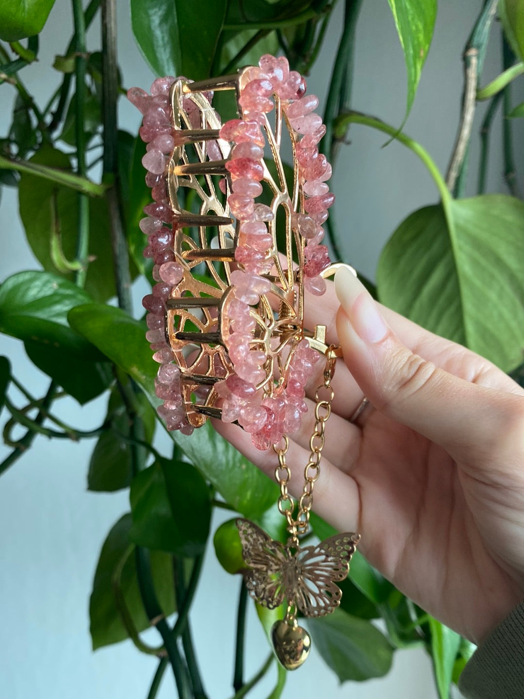 Gold Strawberry Quartz Butterfly Hairclip