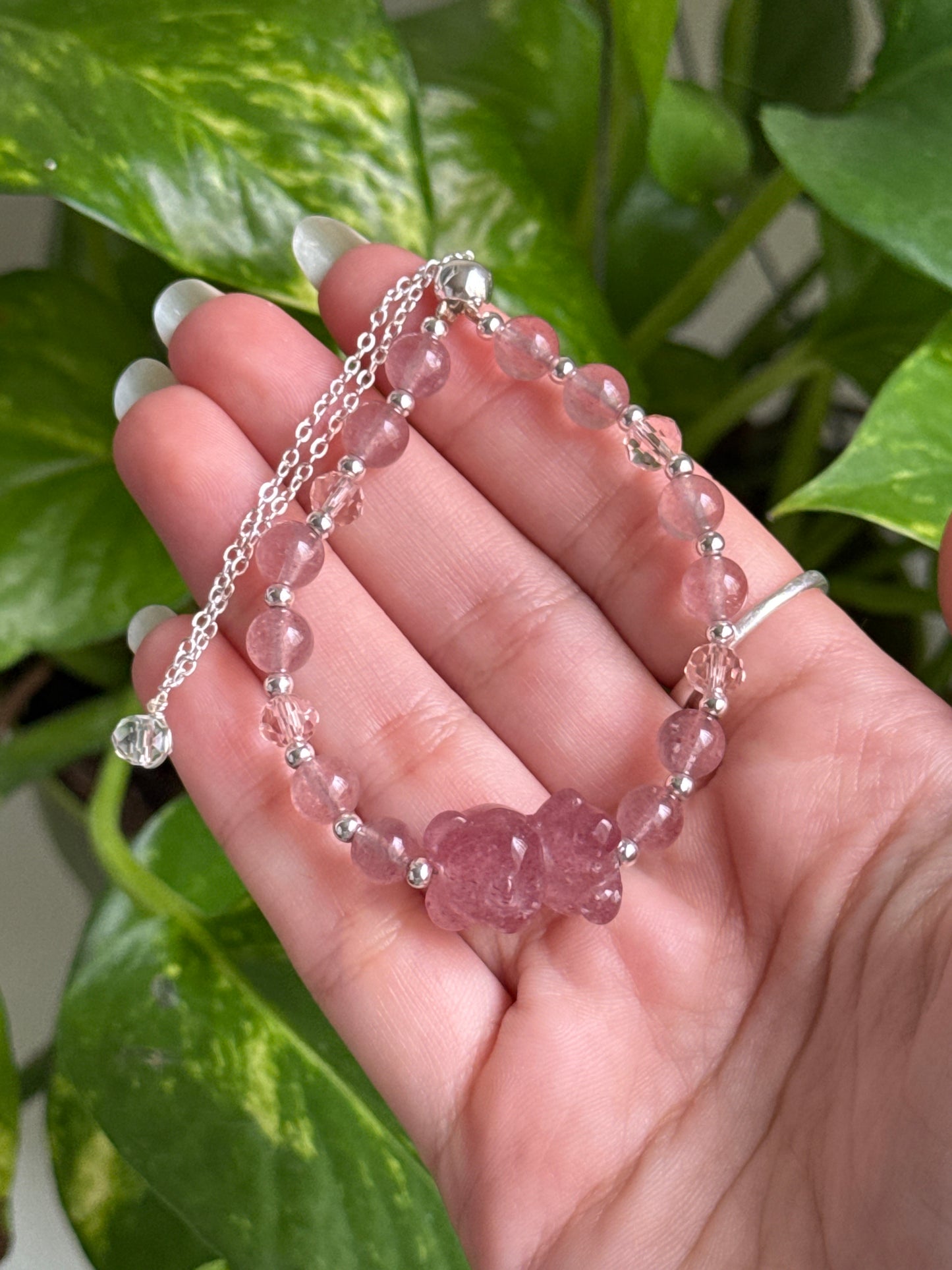 Strawberry Quartz Bear Adjustable Bracelet