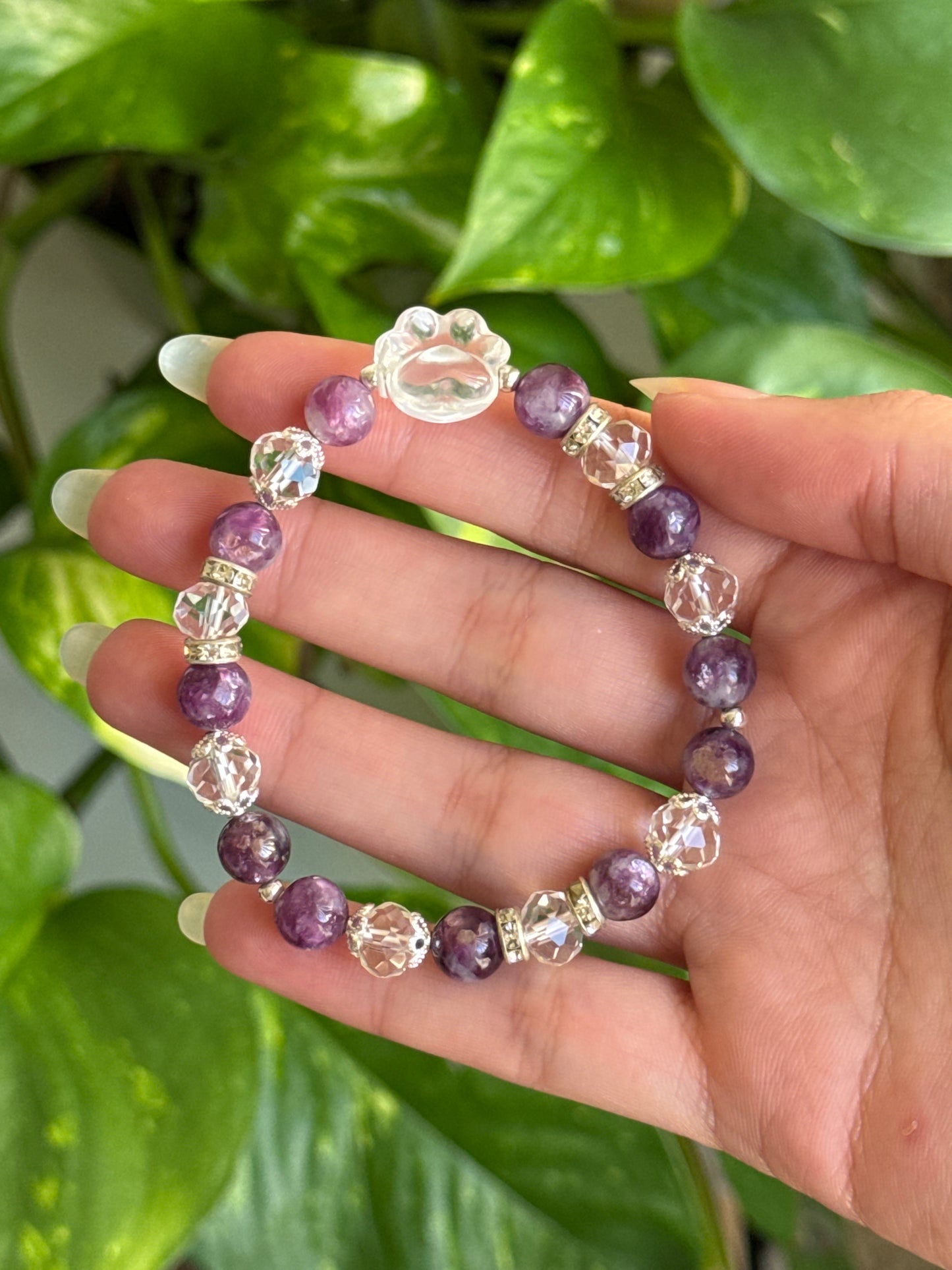 Purple Mica & Clear Quartz Paw Bracelet