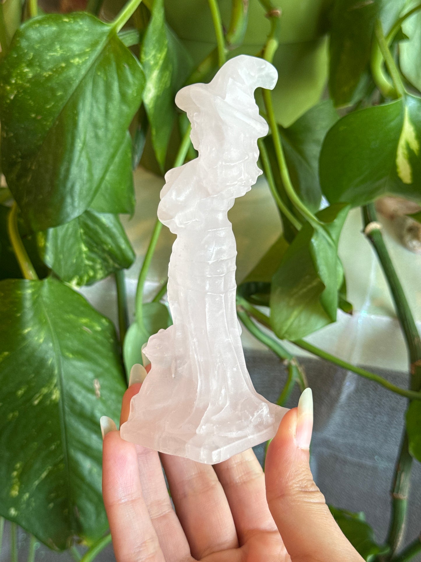Rose Quartz Witch with Broom & Cat
