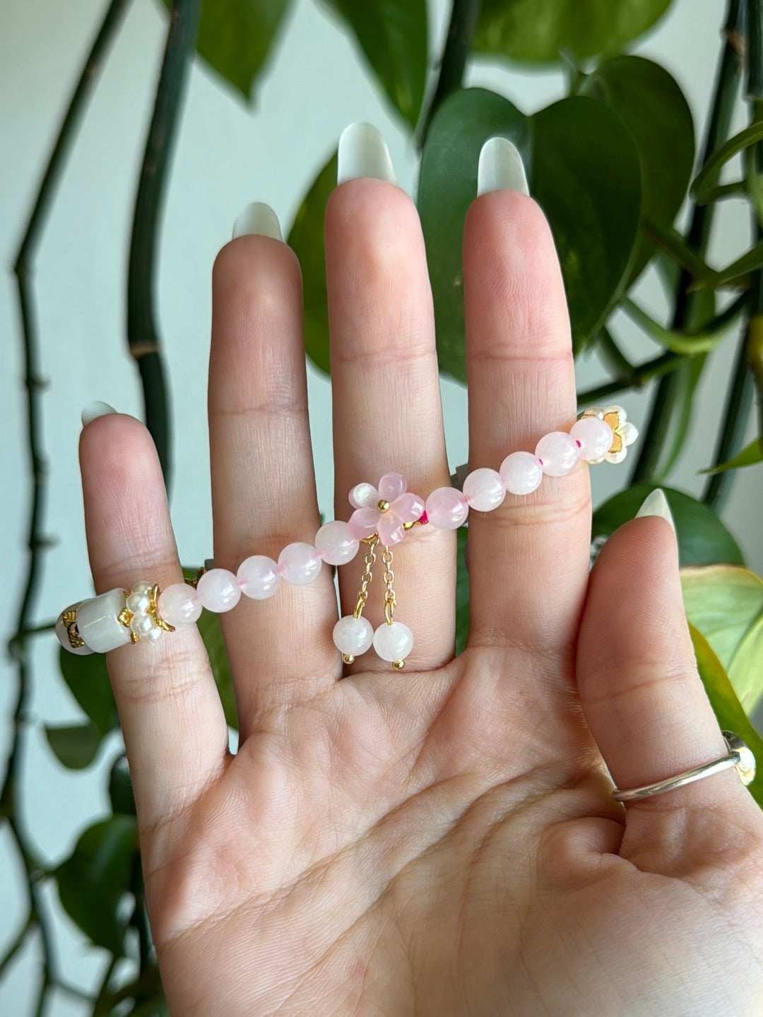 Rose Quartz & Light Jade Sakura Gold Bracelet