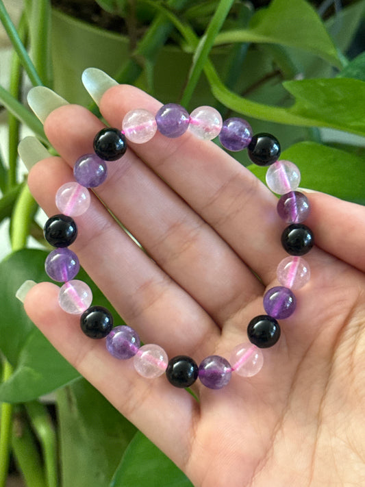 Amethyst & Rose Quartz & Obsidian Bracelet
