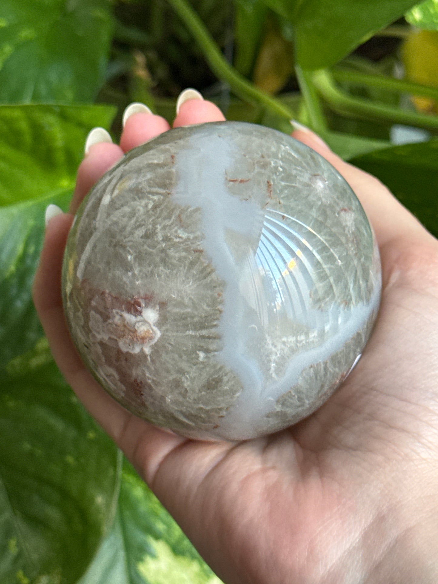 Prasiolite & Flower Agate & Blue Chalcedony Sphere 70mm