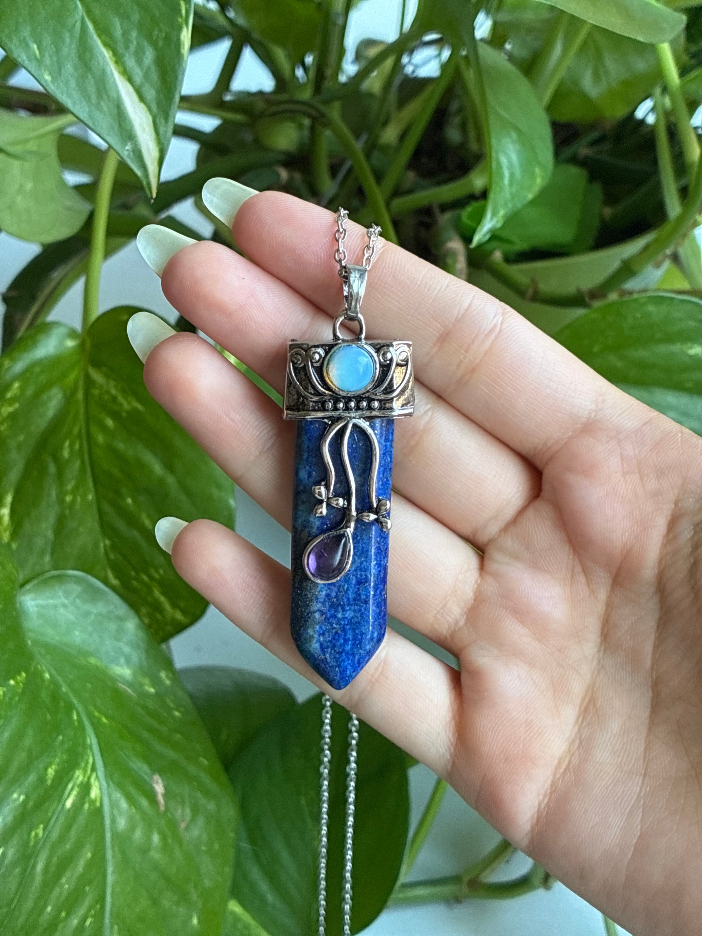 Lapis Lazuli Sword with Opalite and Amethyst Necklace