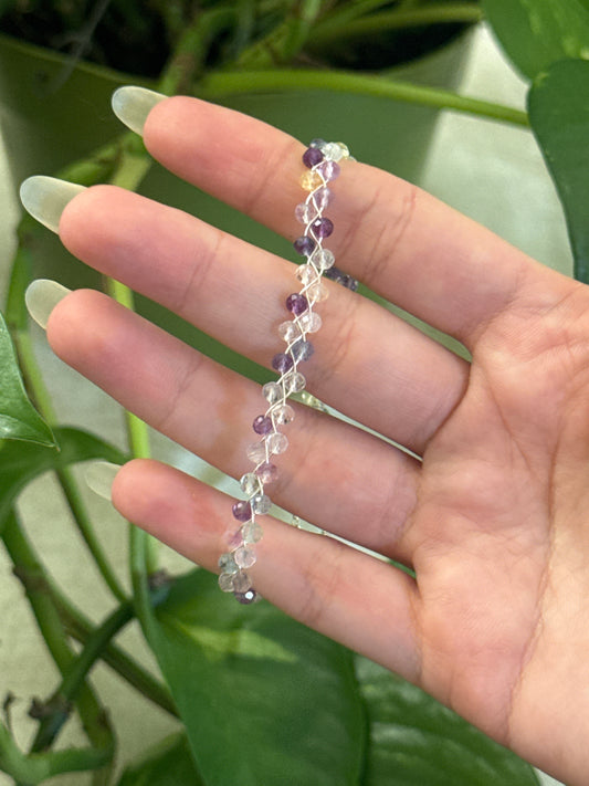 Fluorite Dainty Braided Adjustable Silver Bracelet