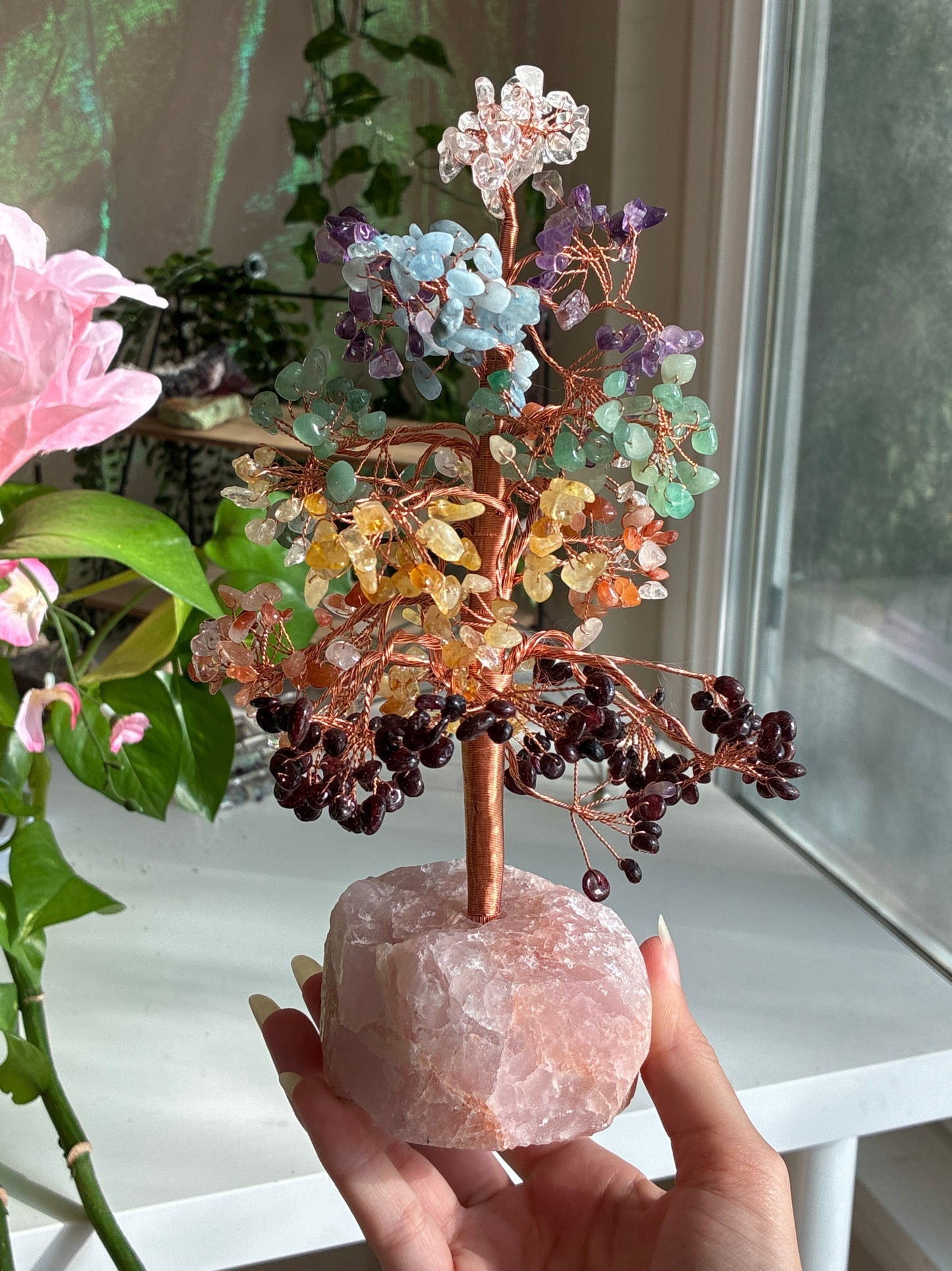 Money Tree Hand Copper Wrapped on Raw Rose Quartz