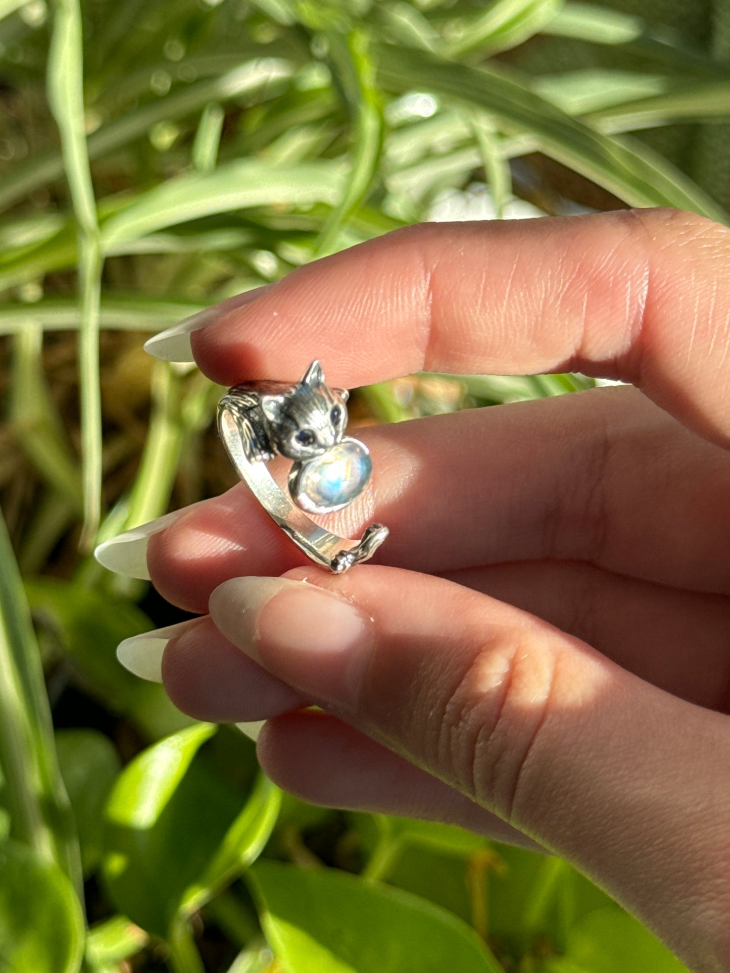 Moonstone Cat 925 Silver Semi-Adjustable Ring